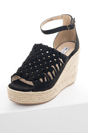 Black Basket Woven Espadrille Wedge with Ankle Strap
