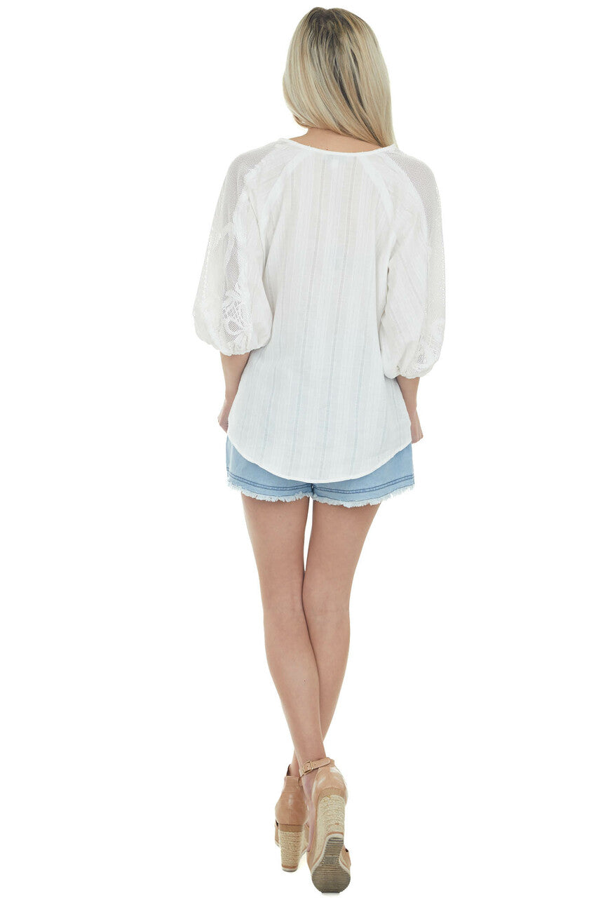 Pearl Split Neck Blouse with Crochet Sleeves
