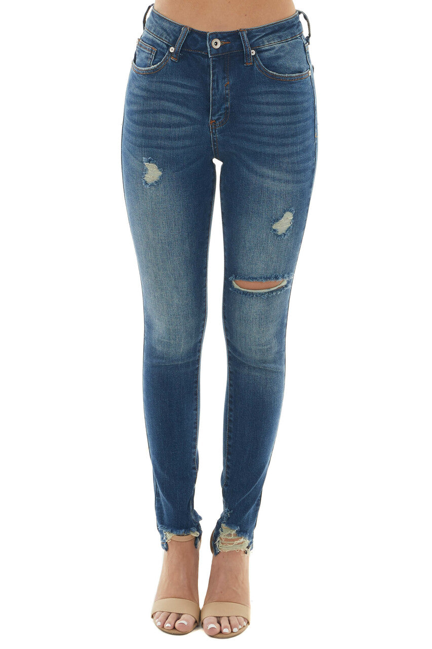 Mid Wash High Rise Shark Bite Hem Skinny Jeans 