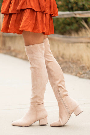 Champagne Faux Suede Knee High Chunky Heel Boots