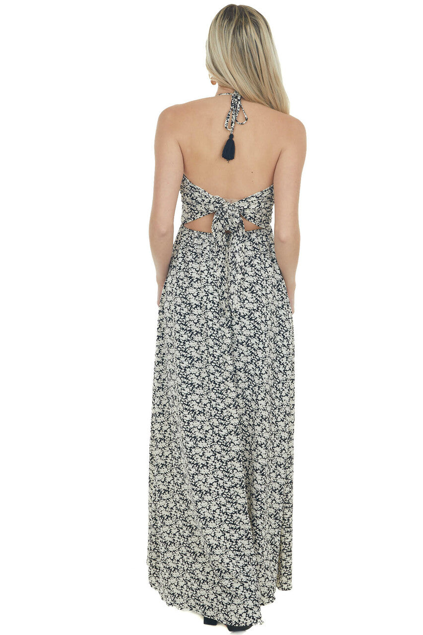 Black Ditsy Floral Halter Tie Maxi Dress
