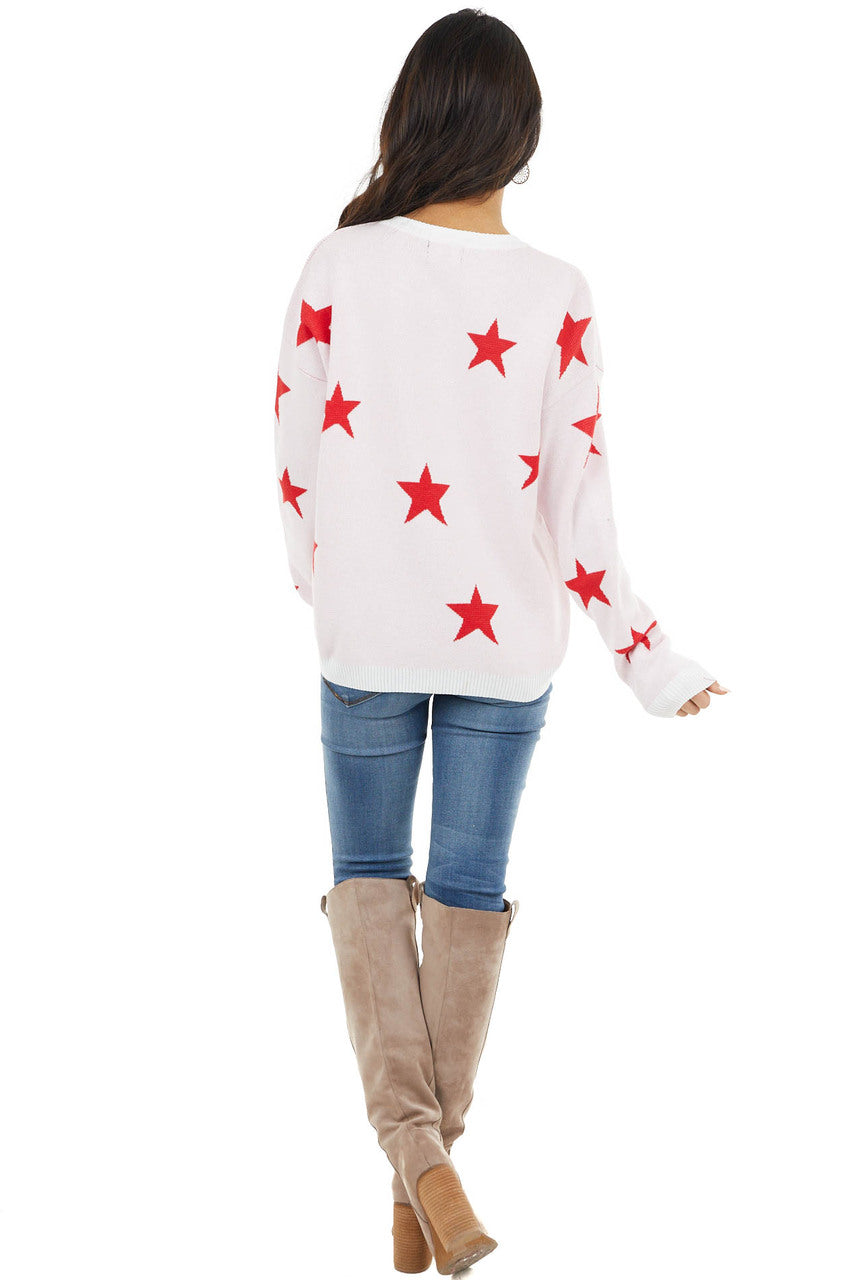 Ivory and Cranberry Star Print Stretchy Knit Long Sleeve Top