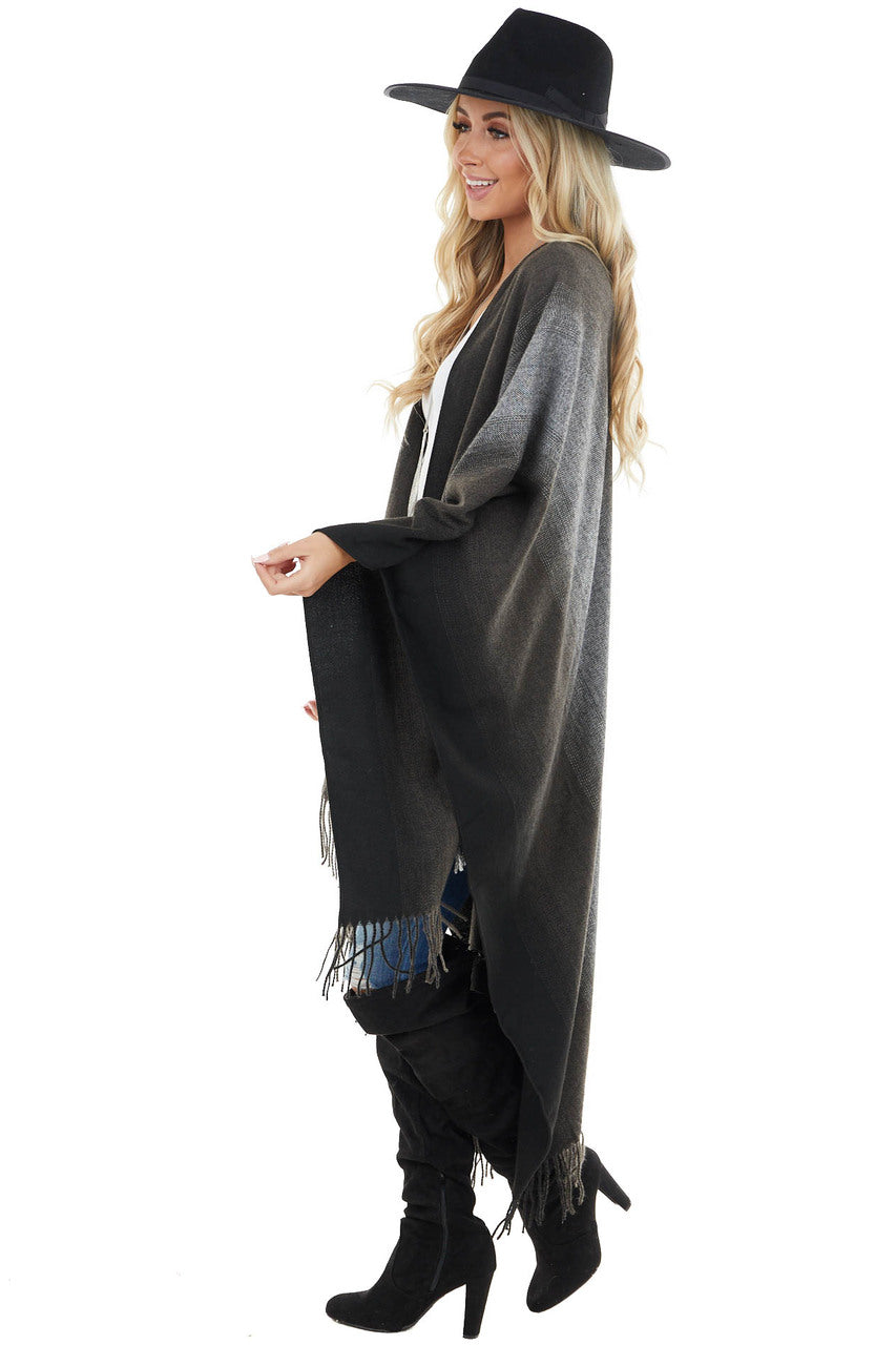 Charcoal Grey Ombre Colorblock Poncho with Fringe Detail 