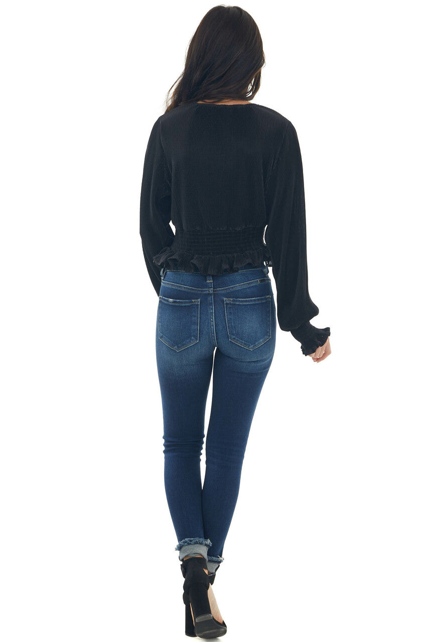 Black Pleated Surplice Smocked Waist Blouse 