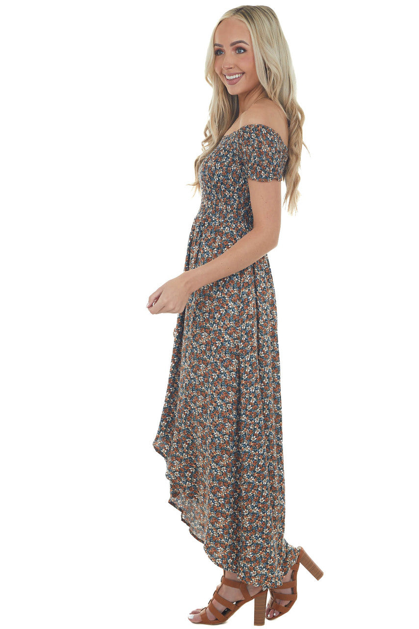 Navy Floral Off Shoulder Smocked Maxi Dress