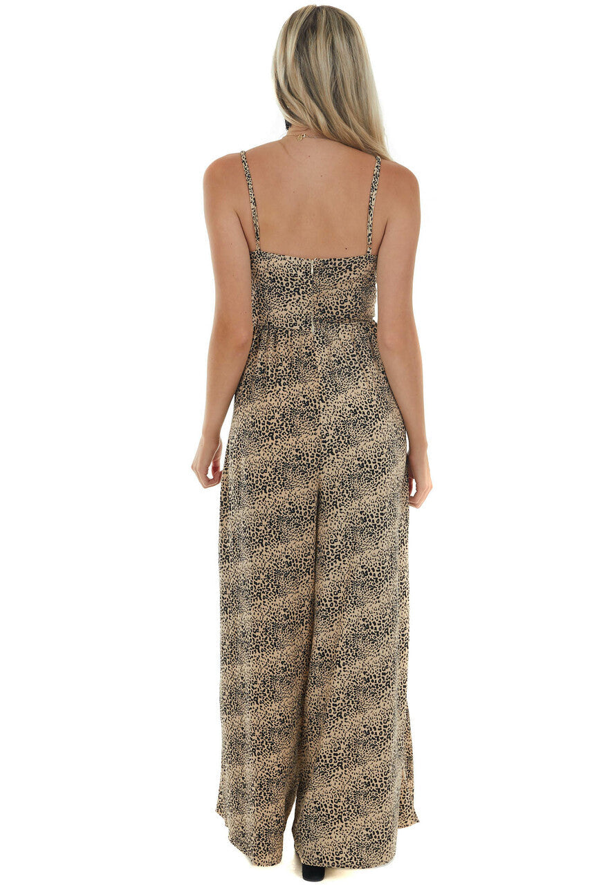 Oatmeal Leopard Print Sleeveless Jumpsuit 