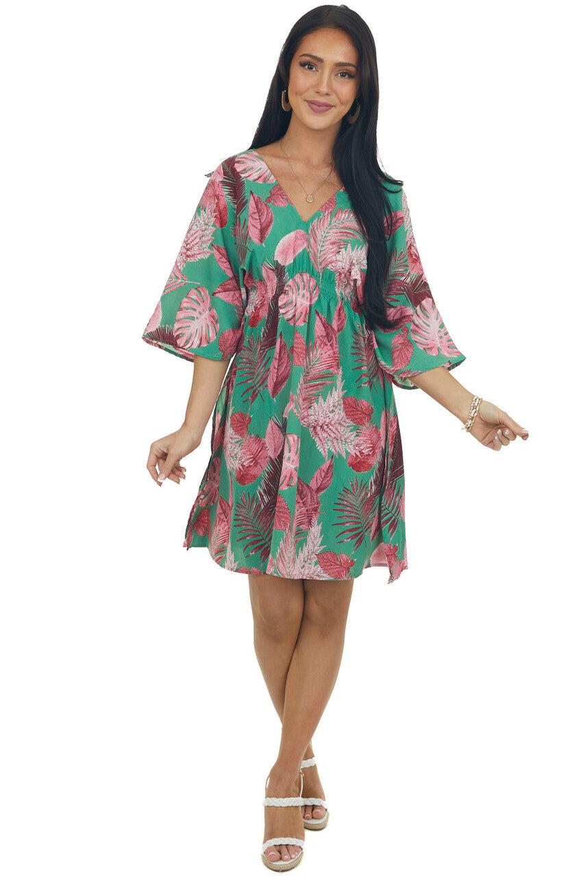 Jade and Hibiscus Leaf Print Half Sleeve Dress 