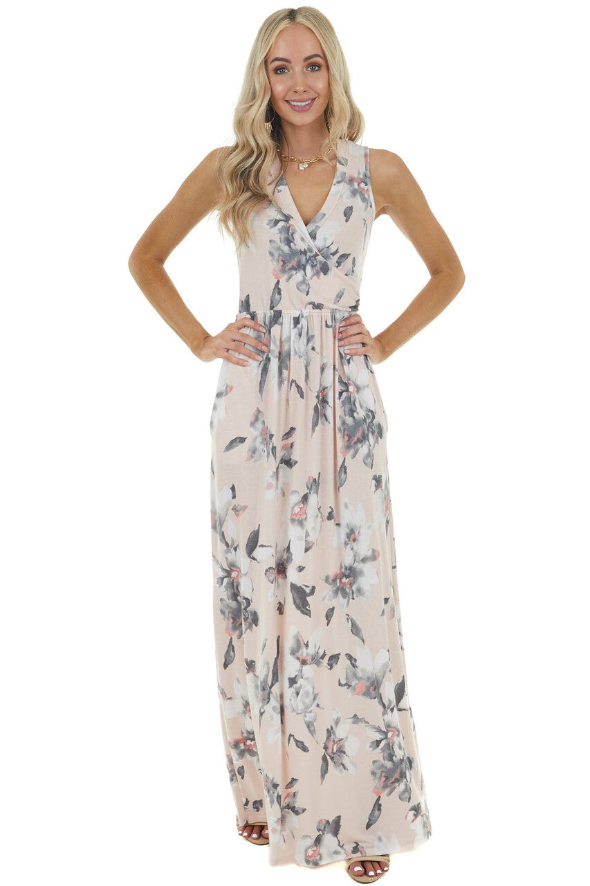 Blush Floral Sleeveless Surplice Maxi Dress with Pockets
