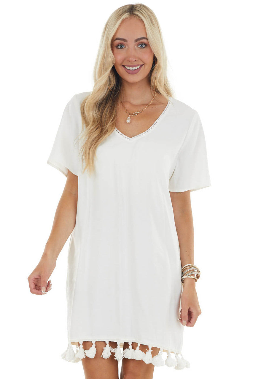 Off White V Neck Mini Dress with Short Sleeves 