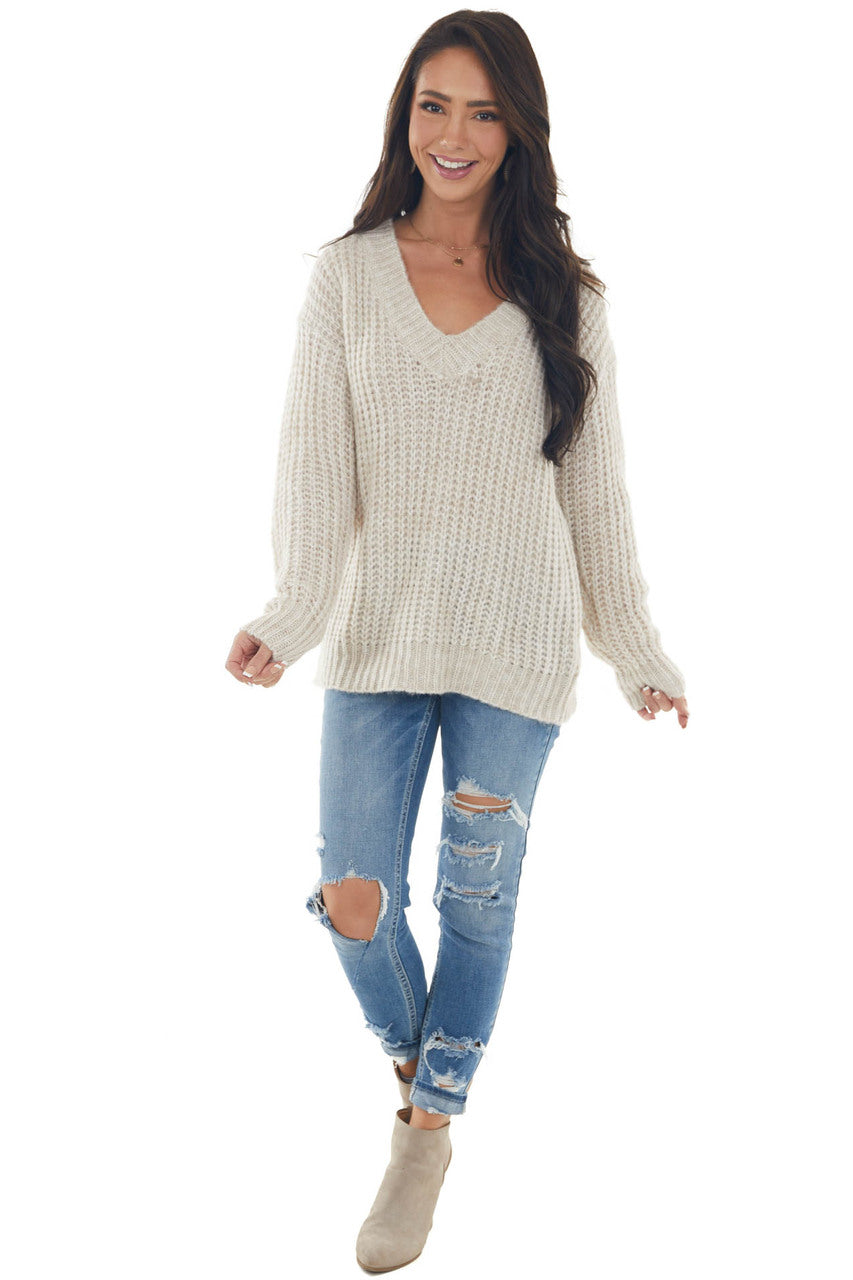 Oatmeal Stretchy Knit V Neck Sweater