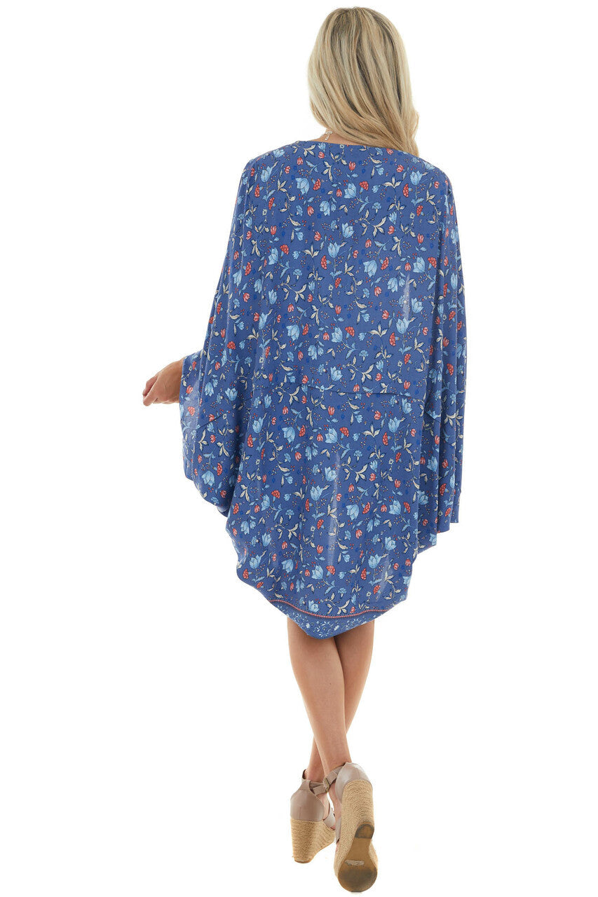Dusty Blue Floral Cocoon Hem Open Front Kimono