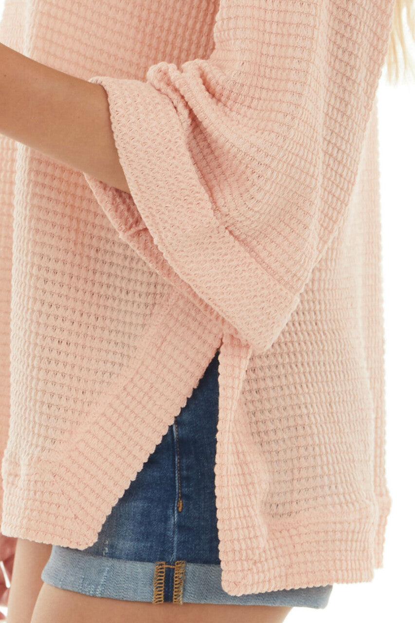 Light Coral Waffle Knit Folded Cuff Loose Top 
