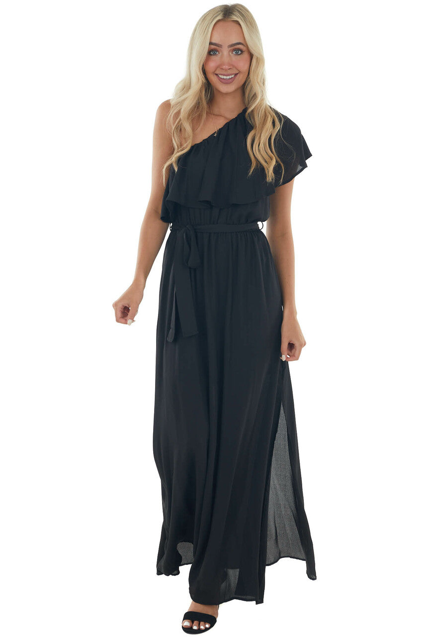 Black One Shoulder Ruffle Overlay Maxi Dress