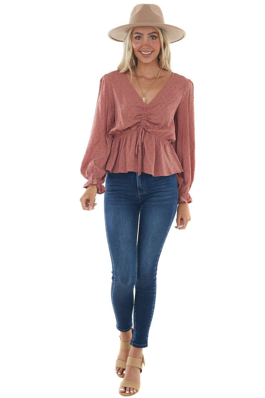 Terracotta Swiss Dot Ruched Puff Sleeve Blouse
