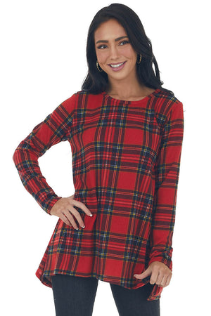 Ruby Plaid Knit Top with Handkerchief Hemline