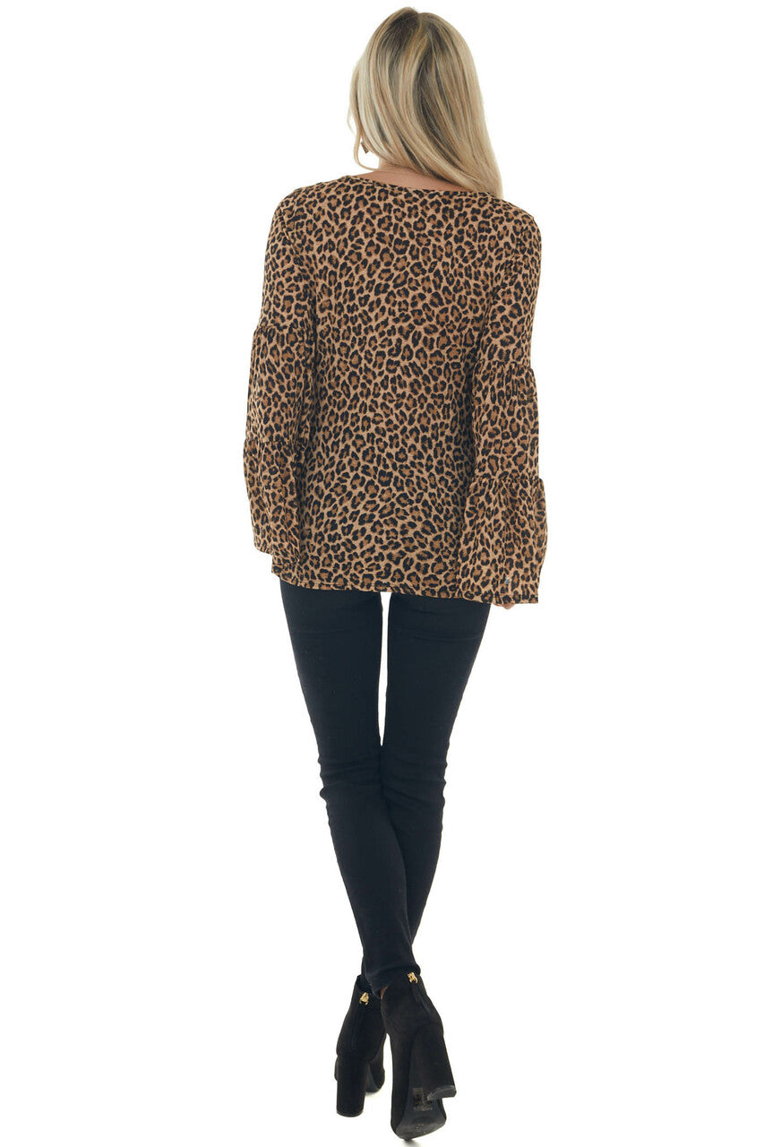 Camel and Sepia Leopard Flare Sleeve Top 