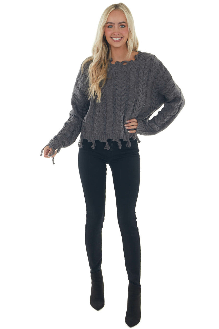 Charcoal Cable Knit Tassel Edge Sweater