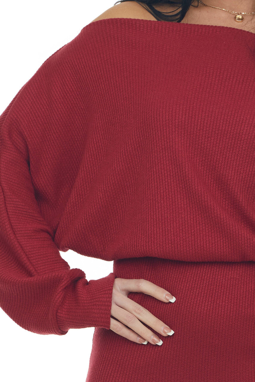 Cherry Ribbed Off Shoulder Dolman Sleeve Dress