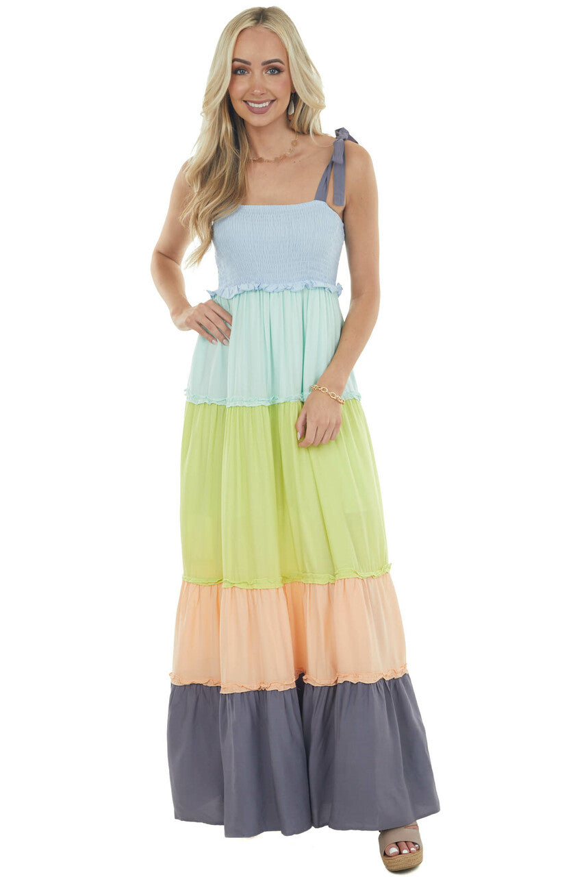 Aqua Colorblock Tiered Maxi Dress with Tie Straps