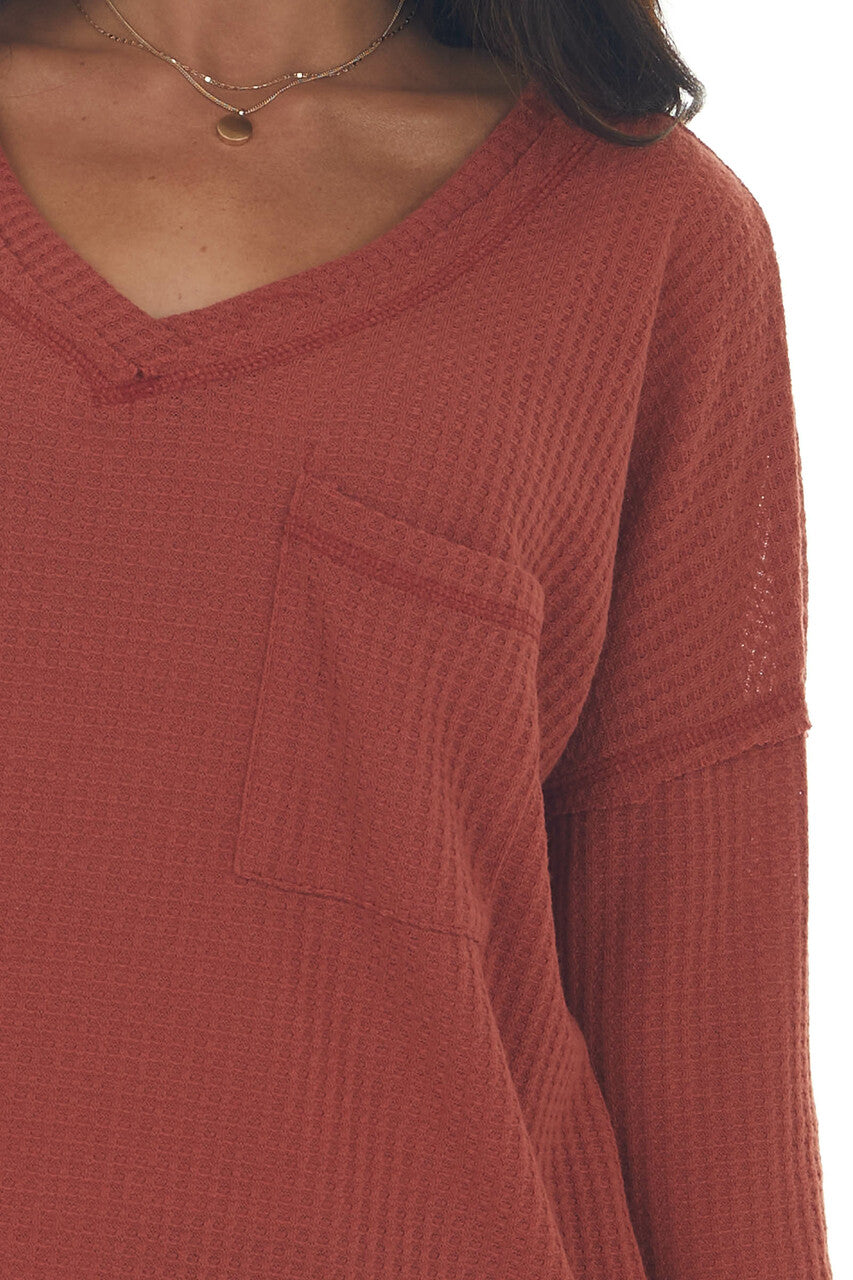 Rust V Neck Waffle Knit Top with Chest Pocket