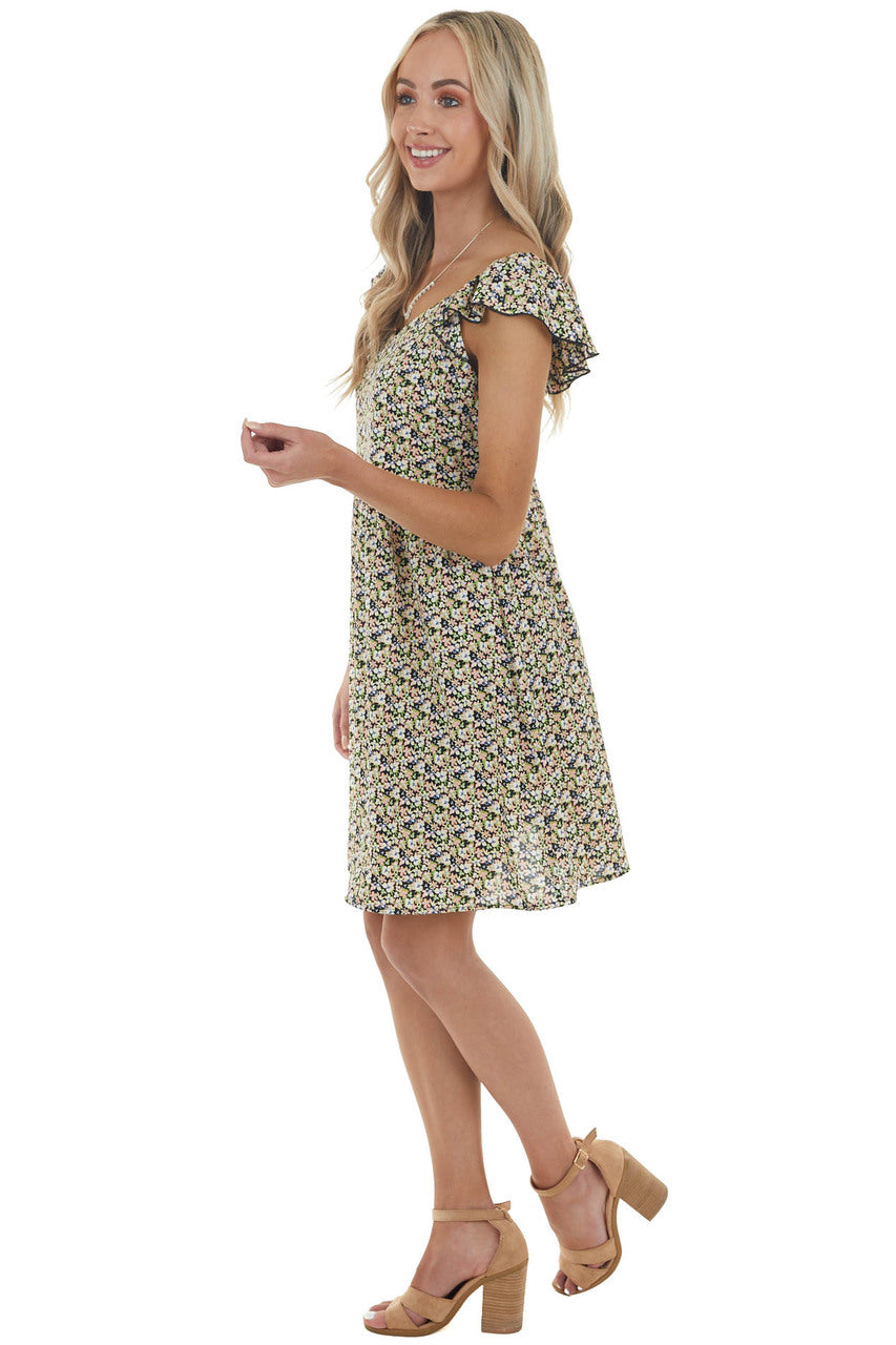 Black Ditsy Floral Short Dress with Back Smocked Detail