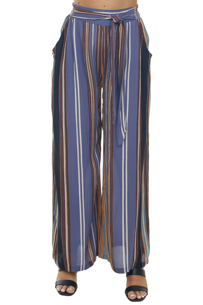 Dusty Blue Striped Pants with Elastic Waist