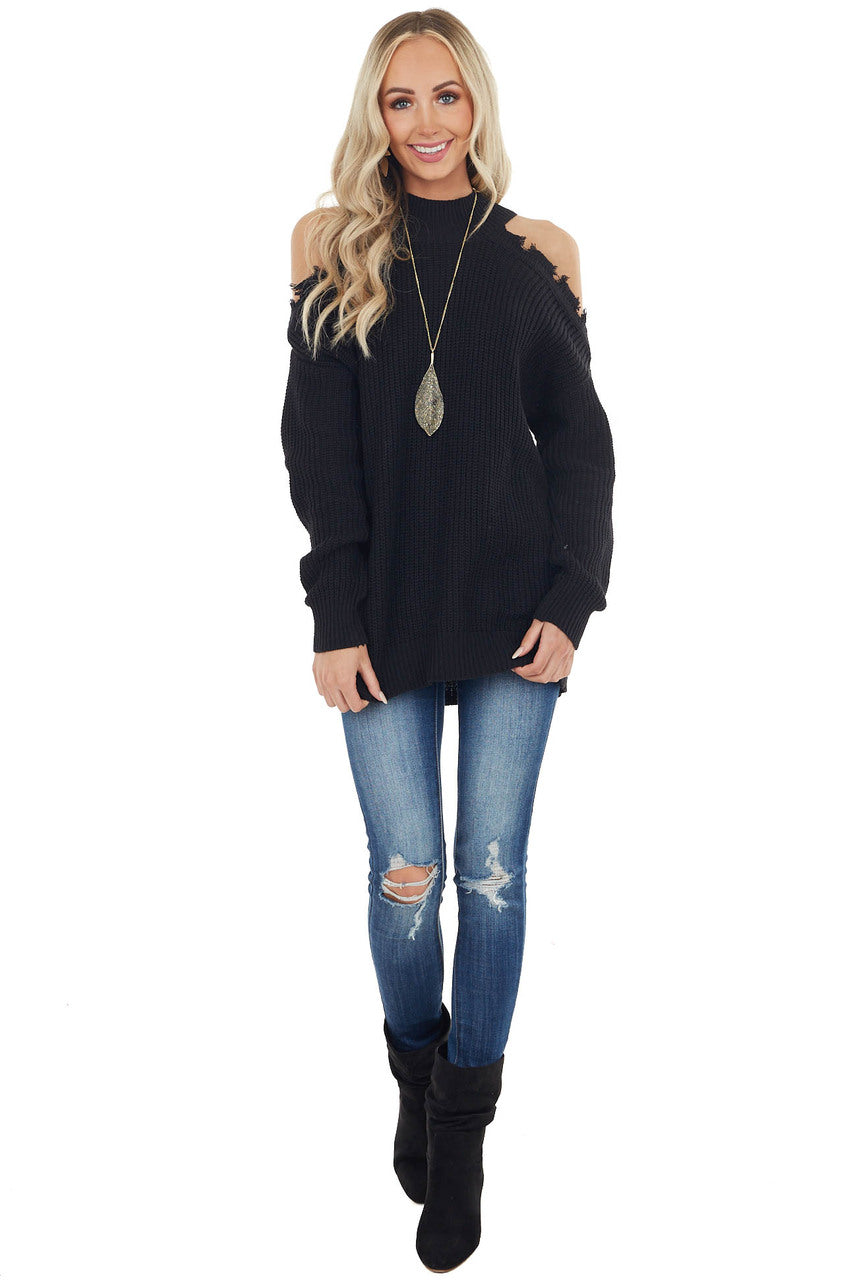 Black Stretchy Knit Distressed Cold Shoulder Sweater