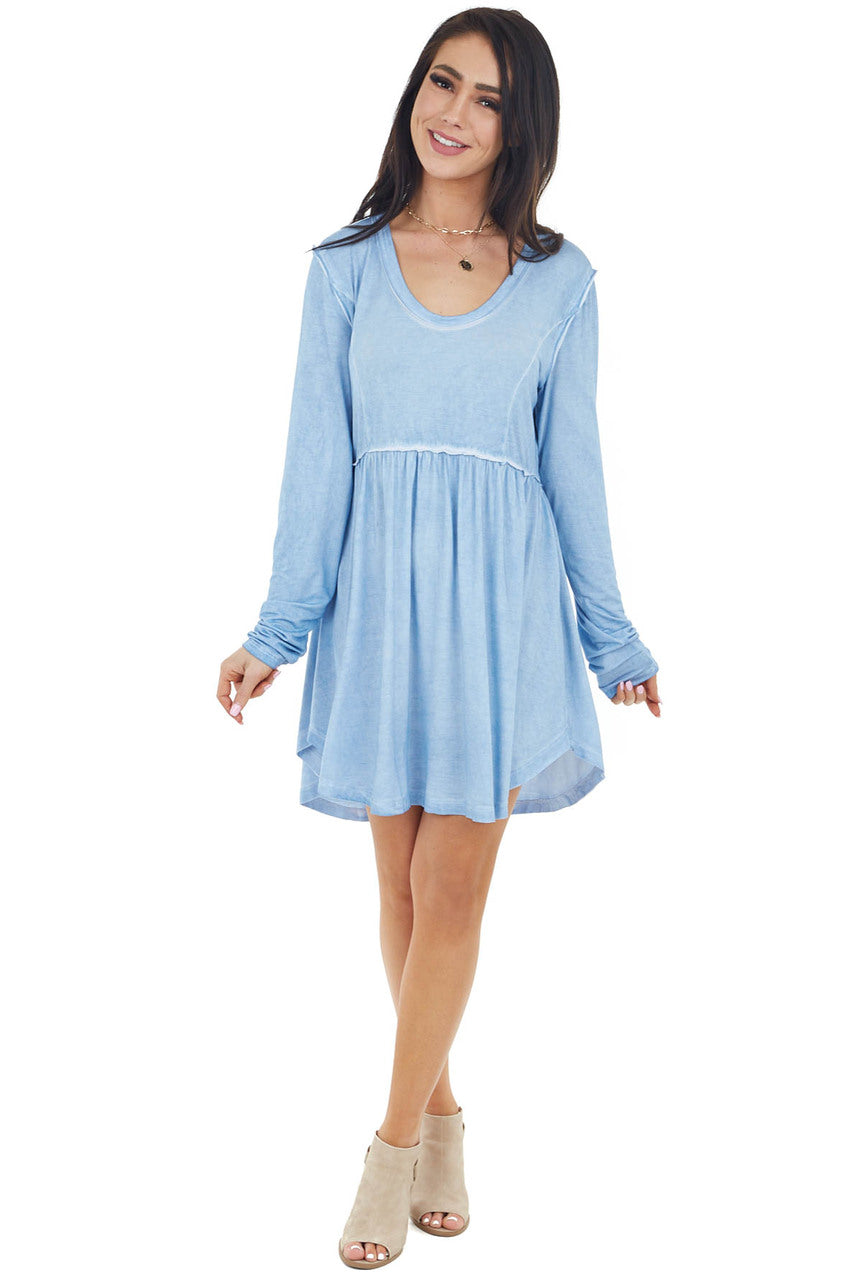 Cornflower Blue Long Sleeve Dress with Raw Seam Details