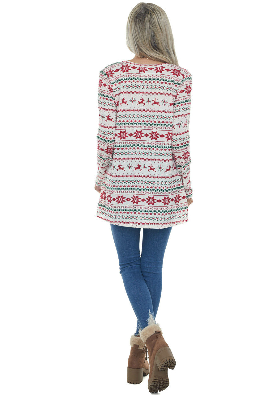 Vanilla Holiday Print V Neck Knit Top