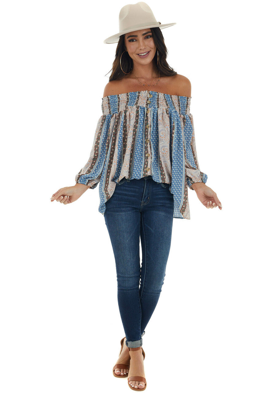 Dusty Blue Printed Smocked Off Shoulder Blouse