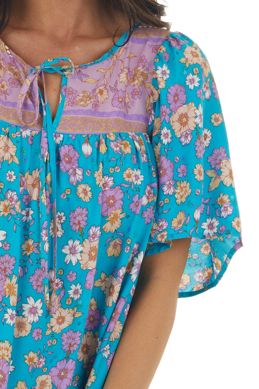 Teal Floral Print Short Dress with Front Tie