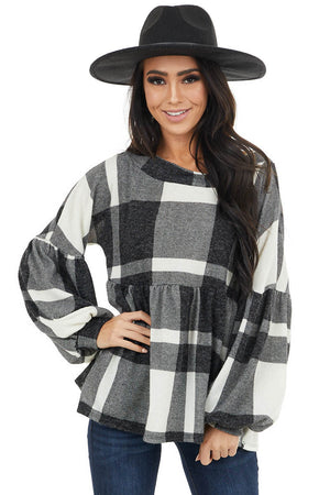 Ivory Fuzzy Buffalo Plaid Babydoll Top with Balloon Sleeves 
