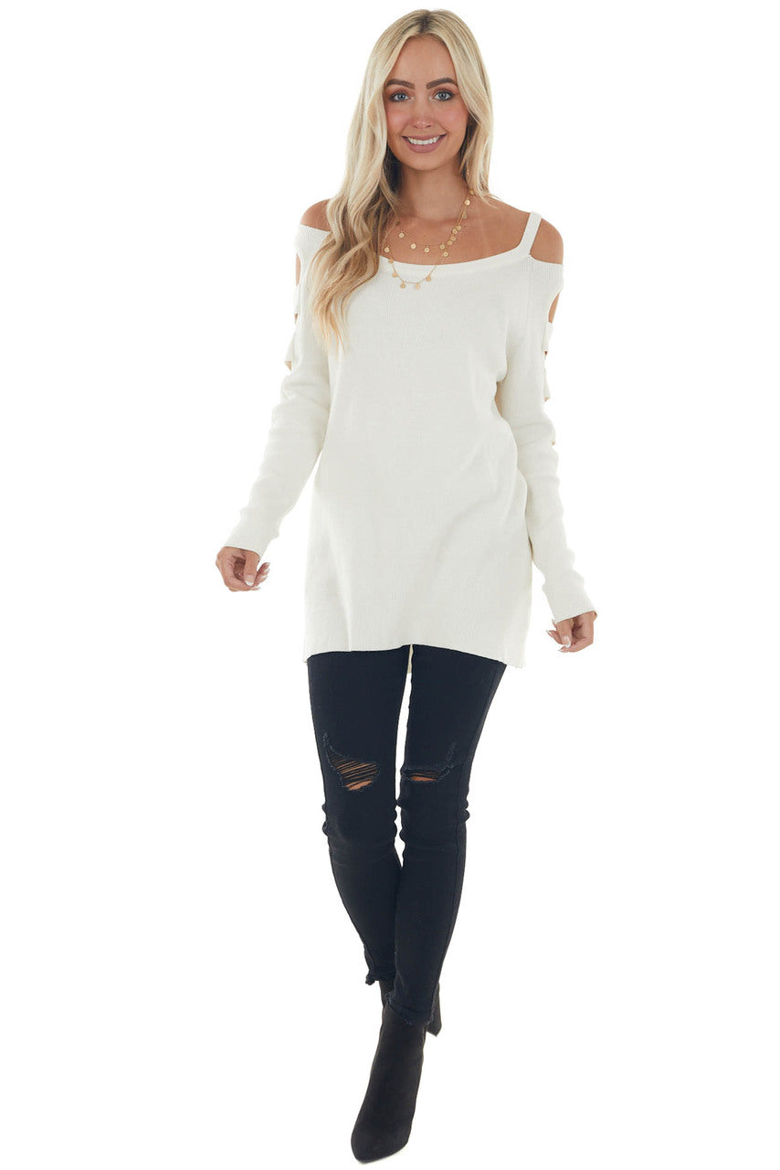 Ivory Ribbed Knit Sweater with Cut Out Sleeves 