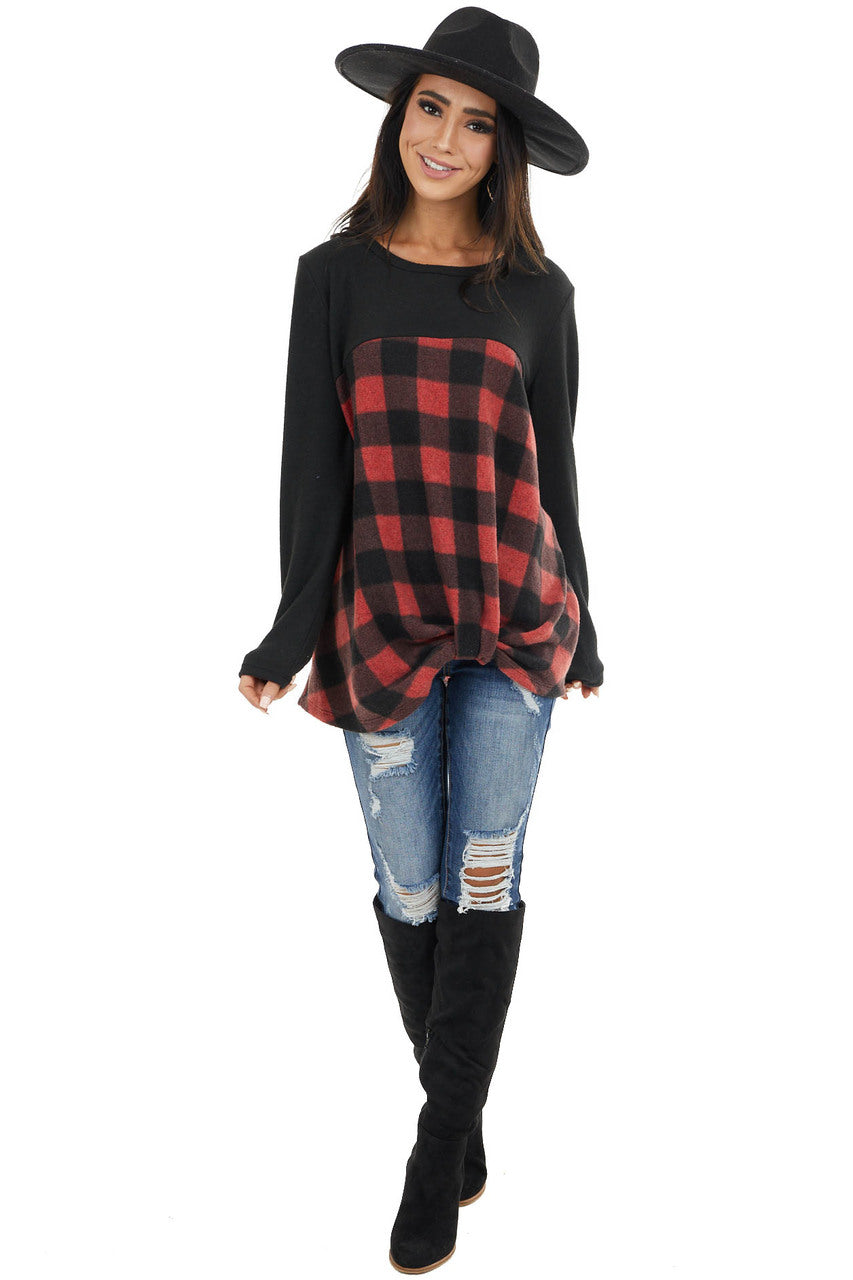 Black and Crimson Buffalo Plaid Top with Twisted Detail