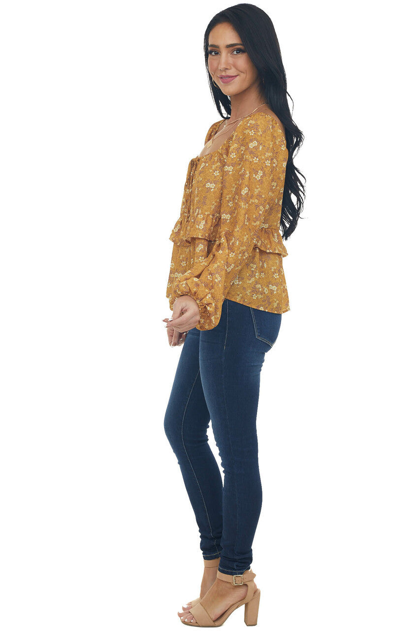 Marigold Floral Print Bubble Sleeve Blouse