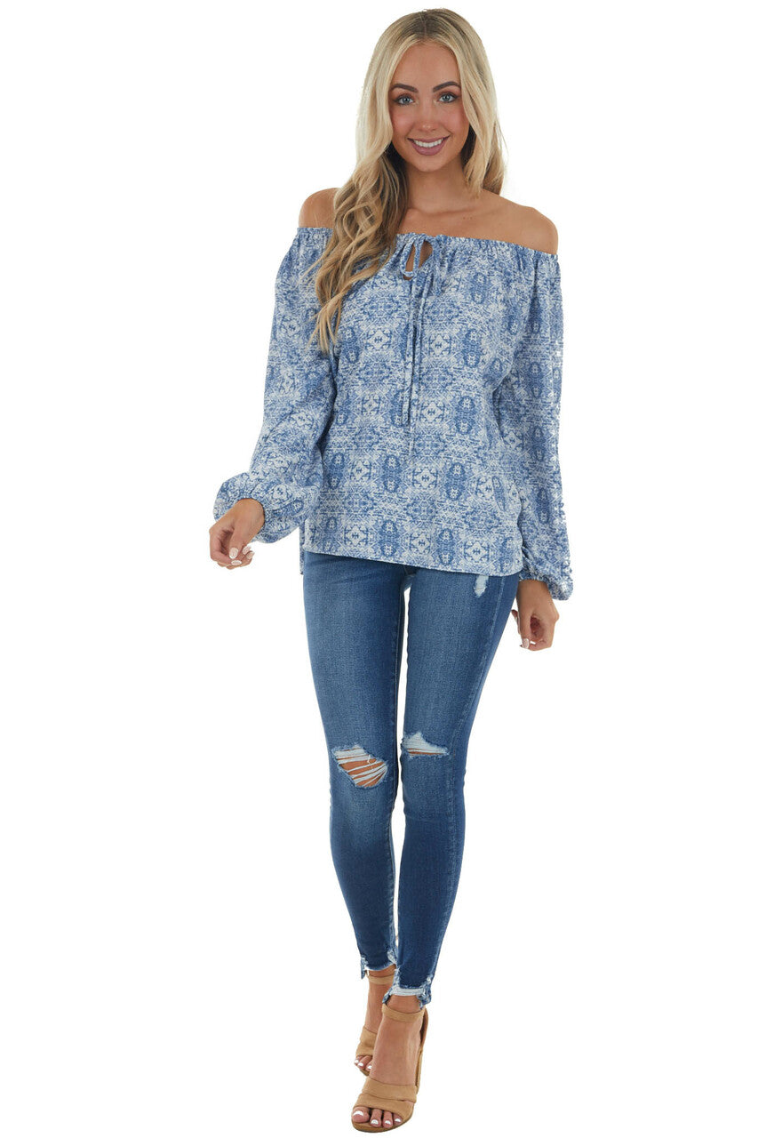 Ocean Blue Printed Off Shoulder Blouse