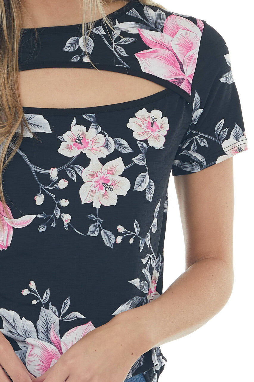 Black Floral Print Knit Top with Chest Cut Out