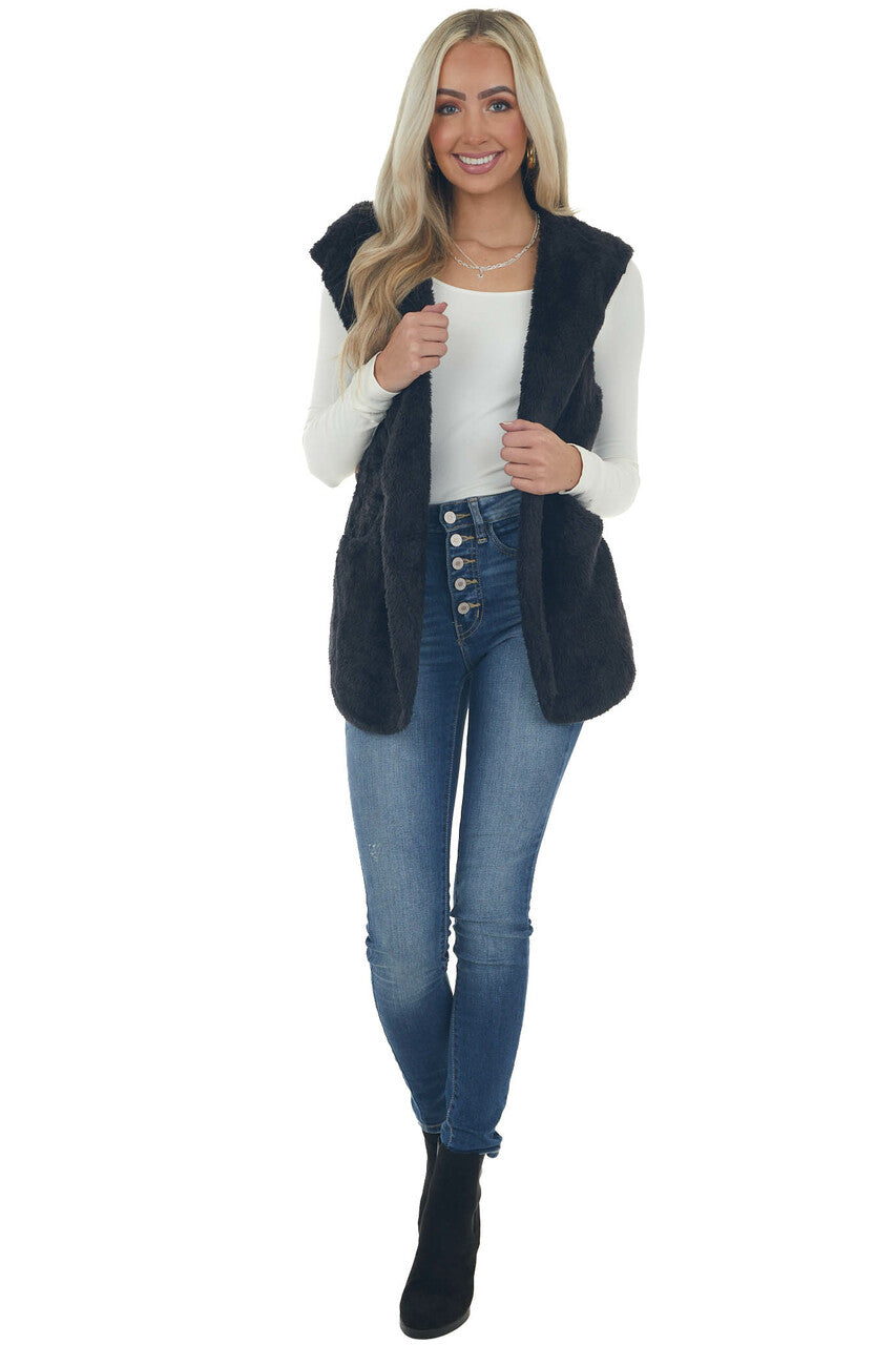 Black Faux Fur Hooded Ribbed Contrast Vest