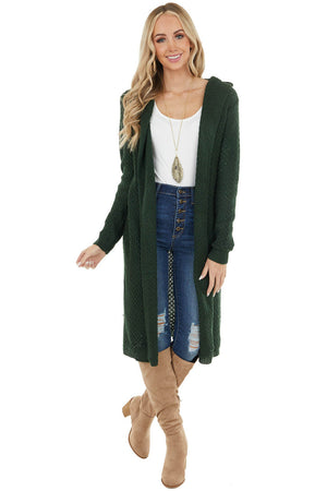 Forest Green Textured Loose Knit Duster Cardigan with Hood