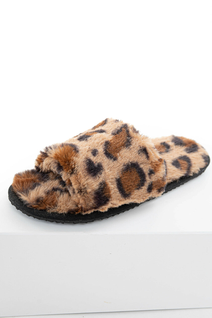 Leopard Print Fuzzy Faux Fur Slipper with Foam Sole 