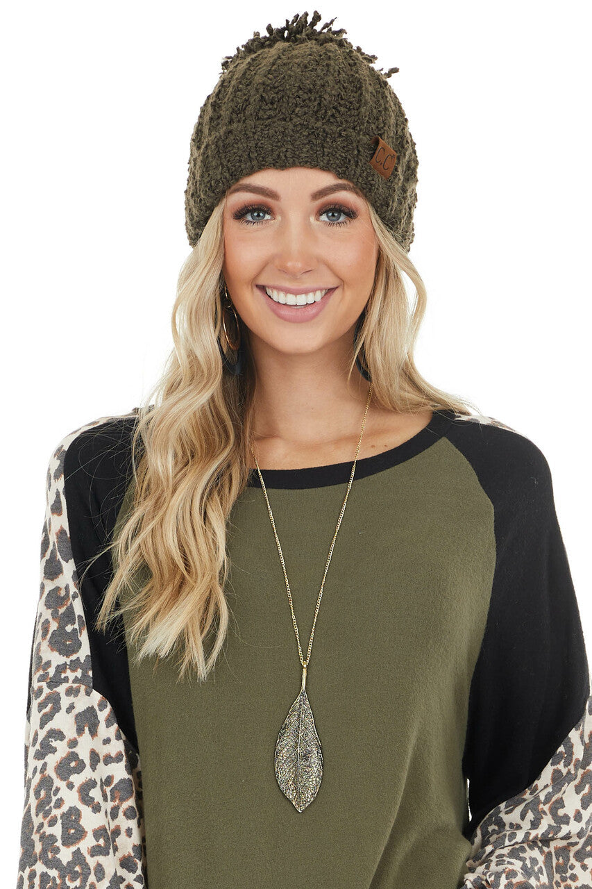 Olive Chenille Ribbed Knit Beanie with Pom Detail