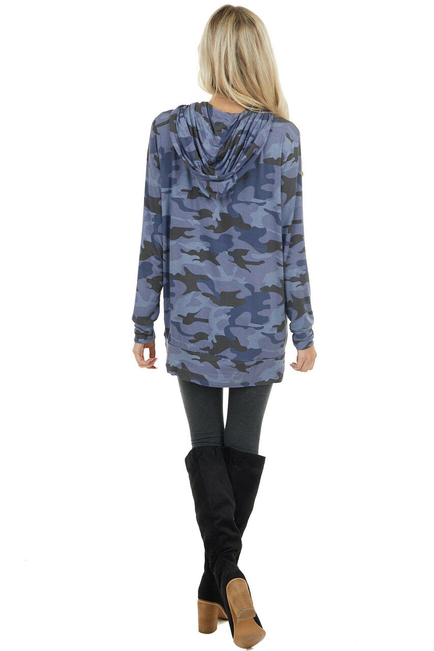 Navy Camo Print Lightweight Hoodie with Kangaroo Pocket