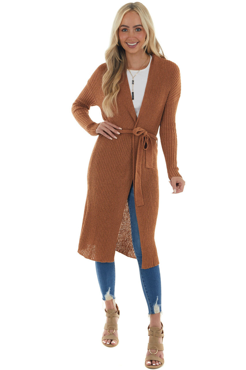 Cognac Open Front Duster Cardigan with Tie