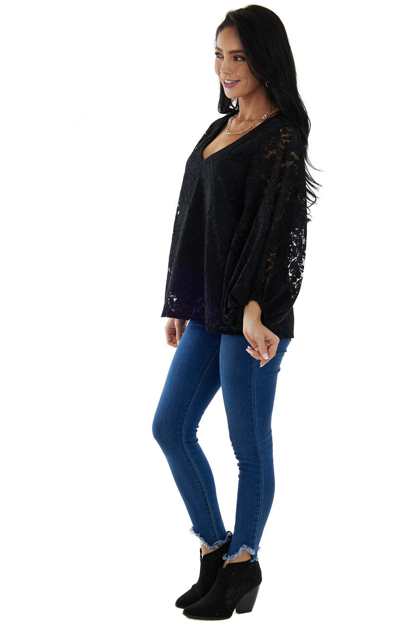 Black Floral Lace Long Bubble Sleeve Blouse