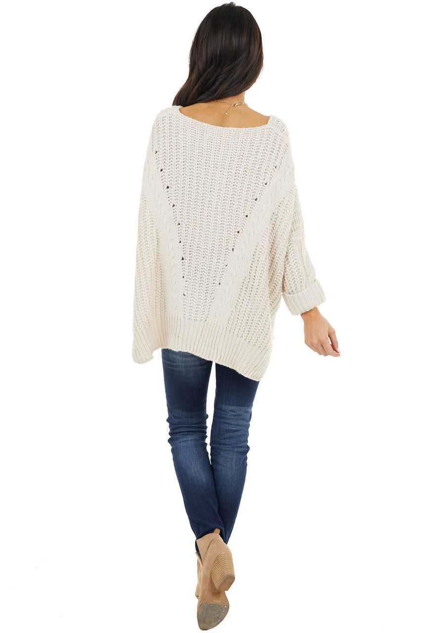 Cream Oversized Cable Knit Sweater with Side Slits