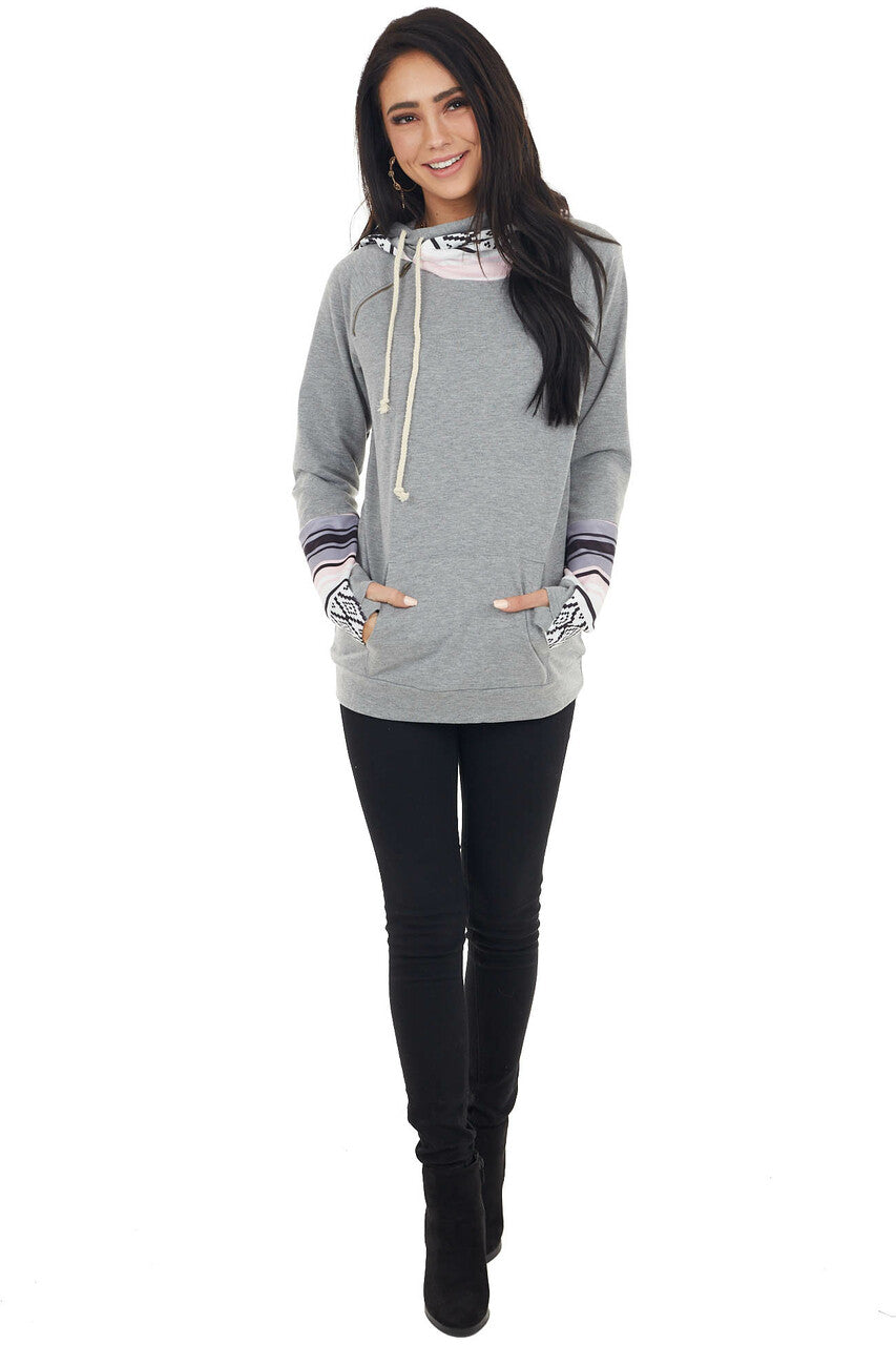 Heathered Stone Double Hooded Hoodie with Aztec Details
