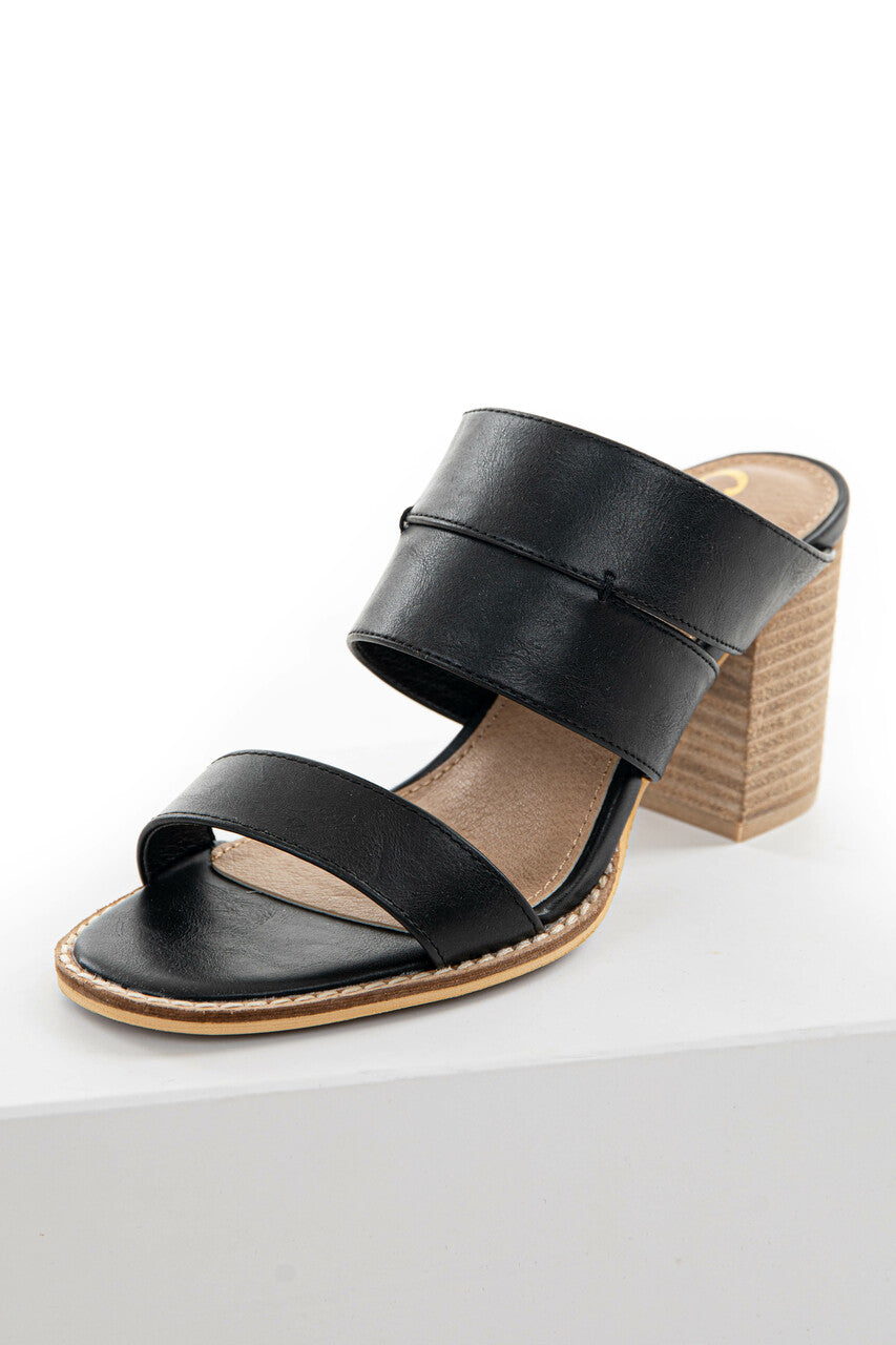 Black Faux Leather Open Toe Heeled Mules