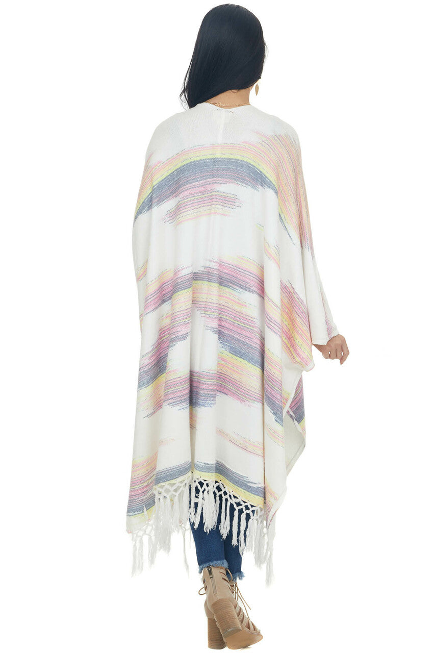 Eggshell Multicolor Fringed Poncho Cardigan 
