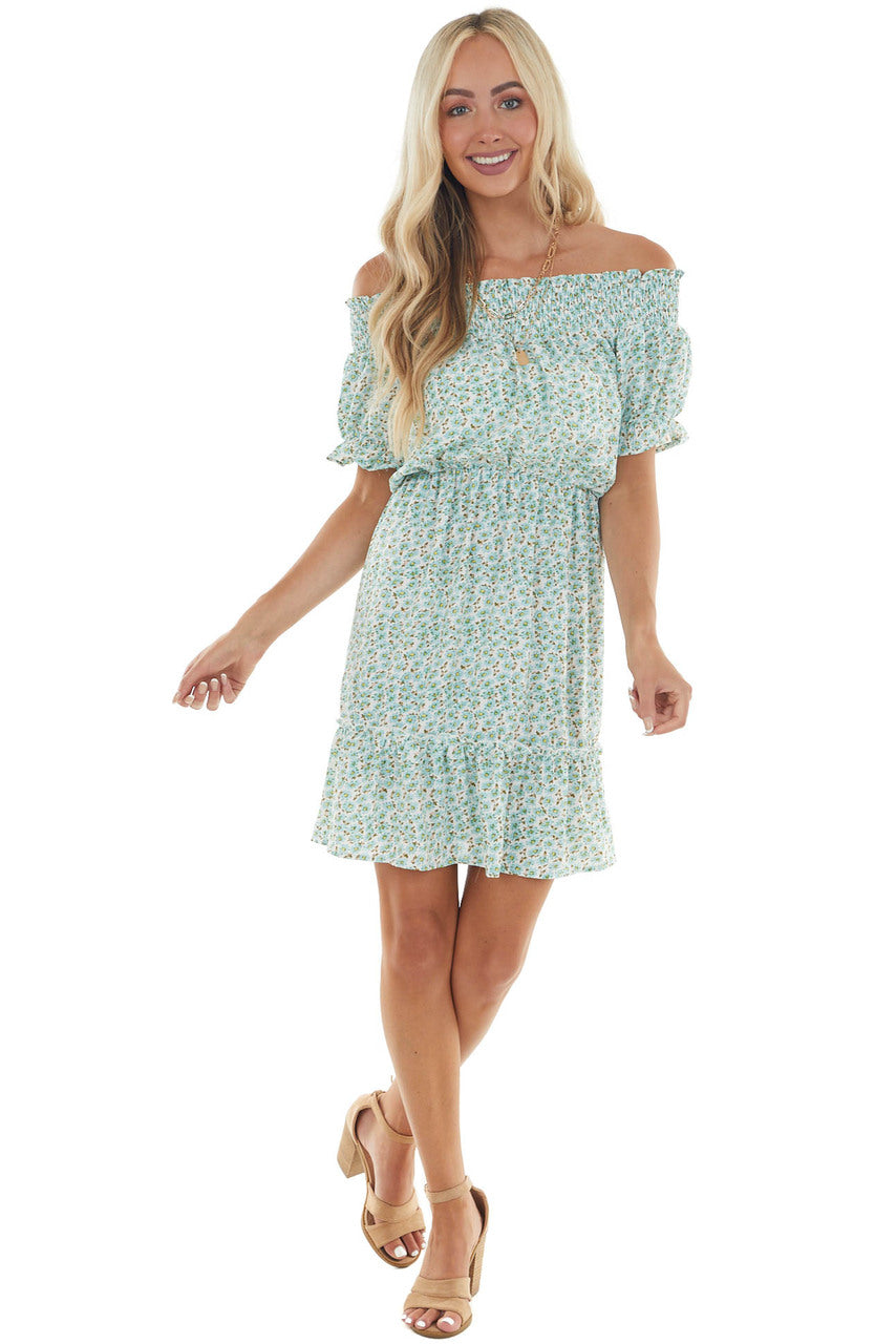 Arctic Blue Ditsy Floral Off Shoulder Dress