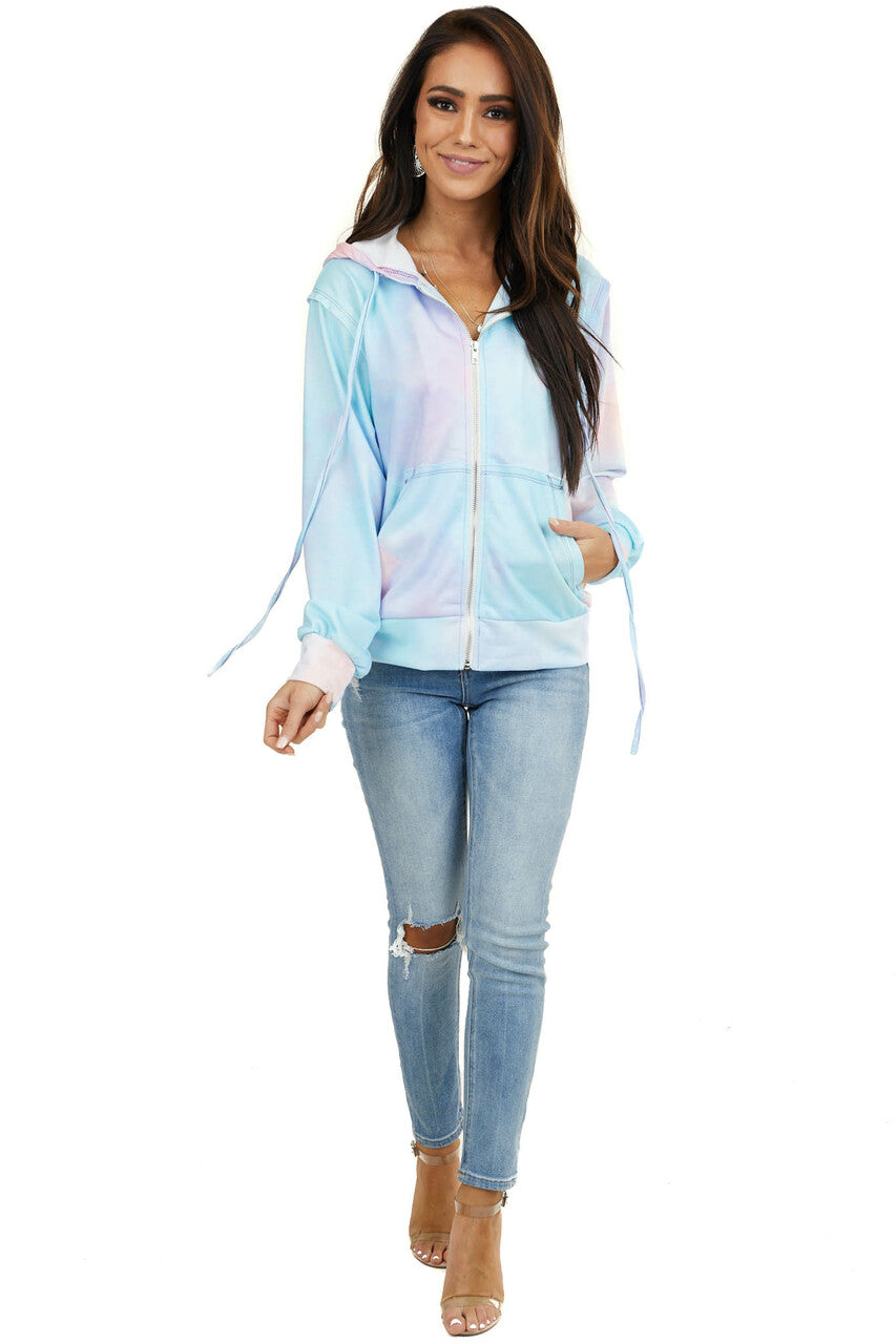 Sky Blue Tie Dye Zip Up Front Hoodie with Drawstrings